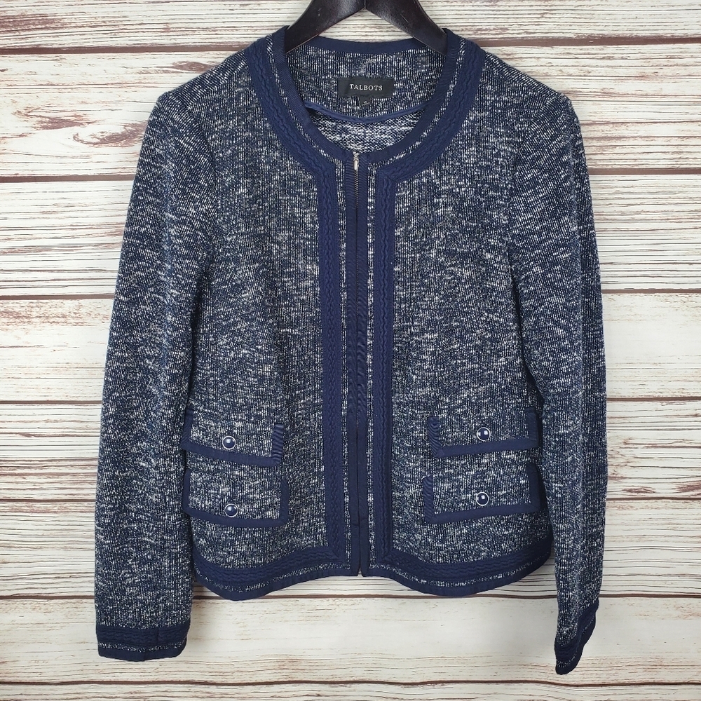 NWOT Talbots Womens Size 12 Navy Blue/White Tweed Zip Blazer Jacket